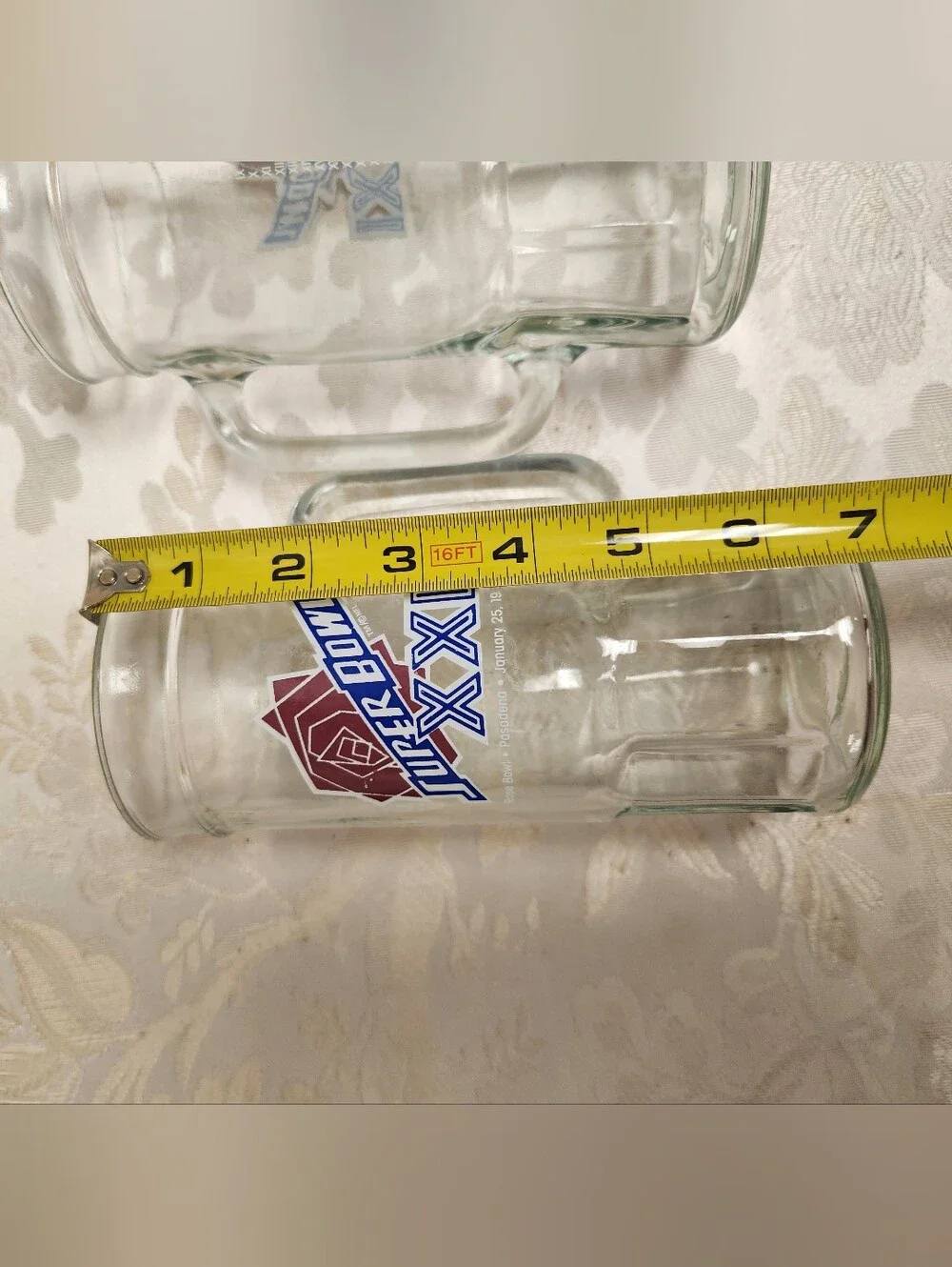 Vintage Super Bowl XXI (21) Glass Mugs, Set Of 2, 1986/7, Pasedena, Fisher, Cup